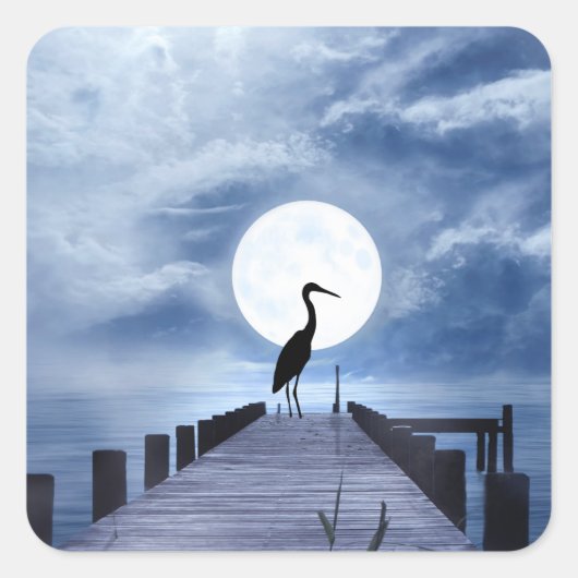 Silhouette Heron op een pier met een volledige maa Vierkante Sticker (Voorkant)