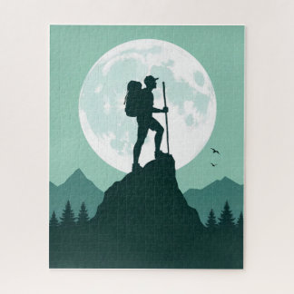 Silhouette Hiker on Peak with Moon and Mountains Legpuzzel