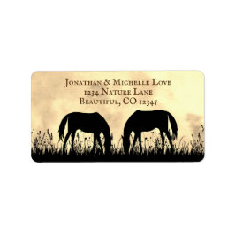 Silhouette Horses Grazing in Field Sunset Address Etiket