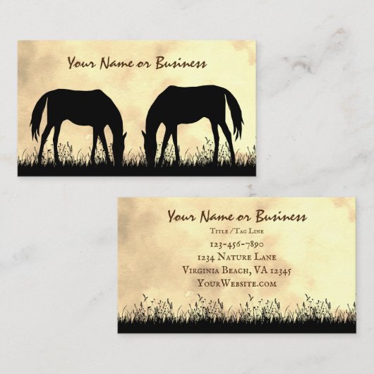 Silhouette Horses Grazing in het veld bij zonsonde Visitekaartje (Voorkant / Achterkant)