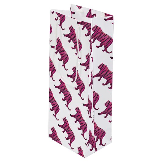 Silhouette Hot Pink en Black Tiger Wijn Cadeautas (Voorkant Gekanteld)