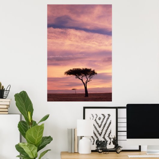 Silhouette image of acacia tree at sunrise poster (Thuiskantoor)