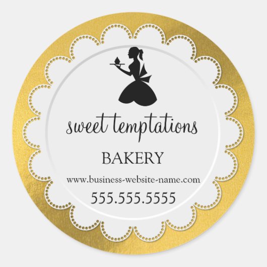 Silhouette Lady Cupcake Faux Gold Foil Bakery Ronde Sticker (Voorkant)