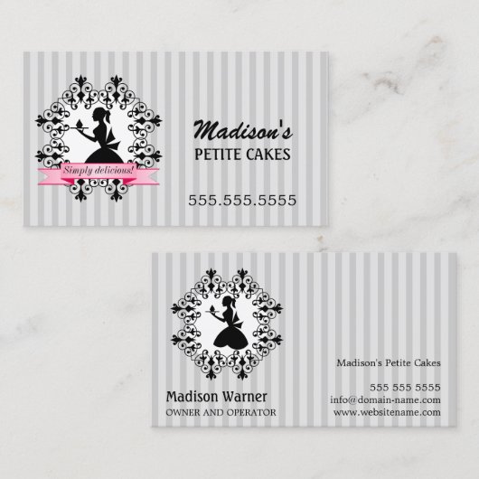 Silhouette Lady Cupcake Silver en Pink Visitekaartje (Voorkant / Achterkant)