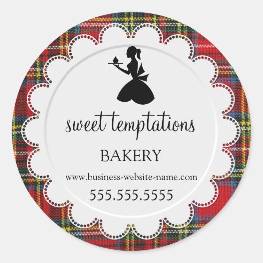 Silhouette Lady Cupcake Tartan Bakery Packaging Ronde Sticker (Voorkant)