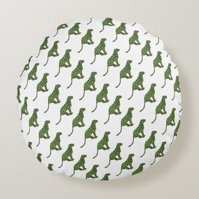 Silhouette Leopard Black en Green Rond Kussen (Voorkant)