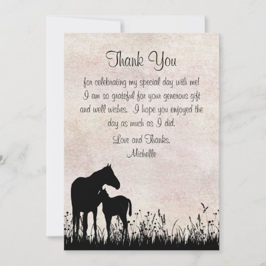 Silhouette Mare en Foal Horse Baby shower Flat Bedankkaart (Voorkant)