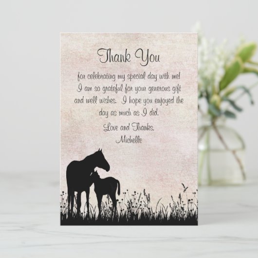 Silhouette Mare en Foal Horse Baby shower Flat Bedankkaart (Staand voorkant)