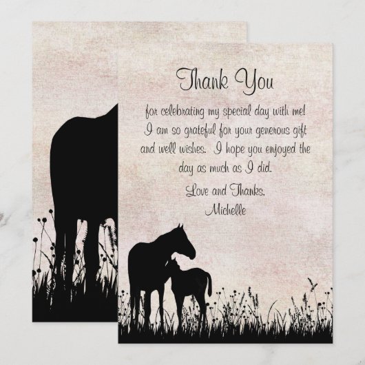 Silhouette Mare en Foal Horse Baby shower Flat Bedankkaart (Voorkant / Achterkant)