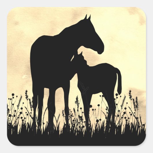 Silhouette Mare en Foal in Field Horse Vierkante Sticker (Voorkant)