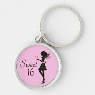 Silhouette Meisje en Harten Sweet 16 Roze en Zwart Sleutelhanger
