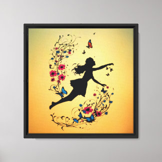 Silhouette meisje met vlinders en bloemen canvas afdruk