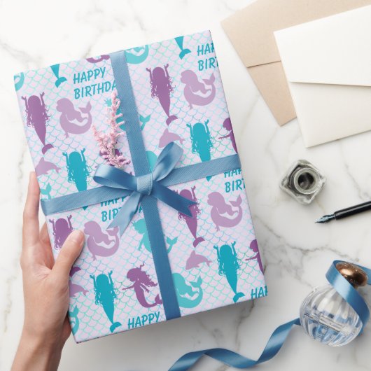 Silhouette Mermaids Aqua Fish Pattern Birthday Cadeaupapier (Geschenken)
