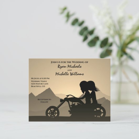 Silhouette Motorcycle Couple Mountain Wedding Kaart (Staand voorkant)