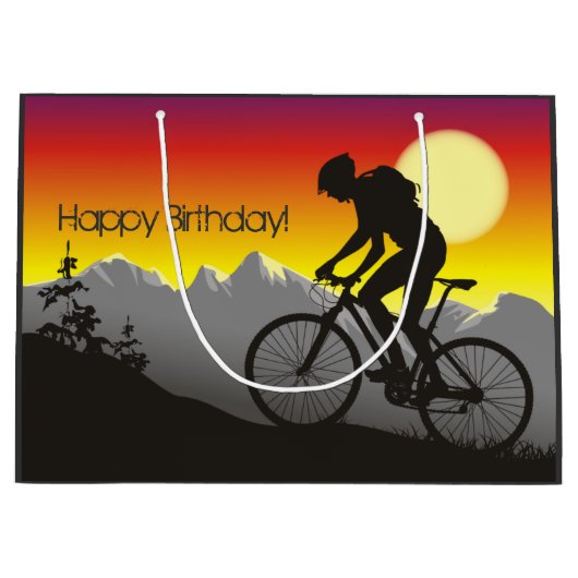 Silhouette Mountain Bike Happy Birthday Groot Cadeauzakje (Voorkant)
