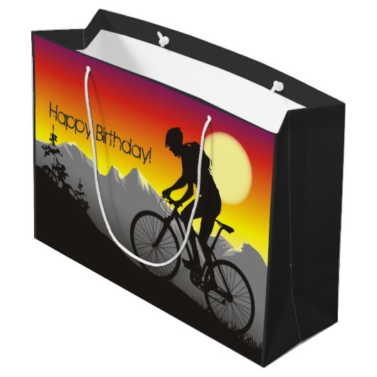 Silhouette Mountain Bike Happy Birthday Groot Cadeauzakje (Achterkant Gekanteld)