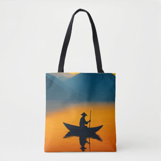 Silhouette of a Boatman at Sunset – Asian Minimali Tote Bag (Voorkant)
