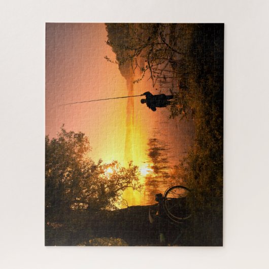 Silhouette of Fisherman op Sunset Lake Legpuzzel (Verticaal)