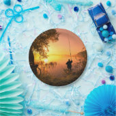 Silhouette of Fisherman op Sunset Lake Papieren Bordje (Feest)