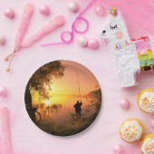 Silhouette of Fisherman op Sunset Lake Papieren Bordje (Feest)