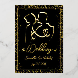 Silhouette of Lovers in Black and Gold Wedding Folie Uitnodiging