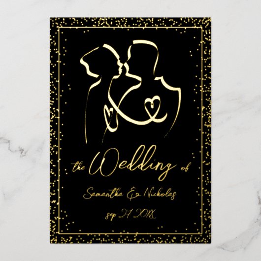 Silhouette of Lovers in Black and Gold Wedding Folie Uitnodiging (Voorkant)