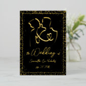 Silhouette of Lovers in Black and Gold Wedding Folie Uitnodiging (Staand Voorkant)