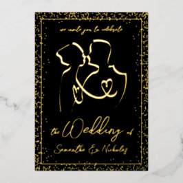 Silhouette of Lovers in Black & Gold Wedding Folie Uitnodiging