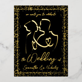 Silhouette of Lovers in Black & Gold Wedding Folie Uitnodiging Briefkaart