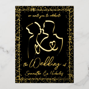 Silhouette of Lovers in Black & Gold Wedding Folie Uitnodiging Briefkaart
