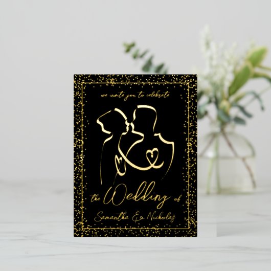 Silhouette of Lovers in Black & Gold Wedding Folie Uitnodiging Briefkaart (Staand Voorkant)