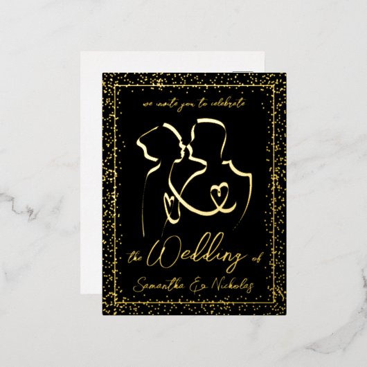 Silhouette of Lovers in Black & Gold Wedding Folie Uitnodiging Briefkaart (Voorkant / Achterkant)