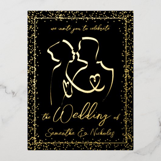 Silhouette of Lovers in Black & Gold Wedding Folie Uitnodiging Briefkaart (Voorkant)