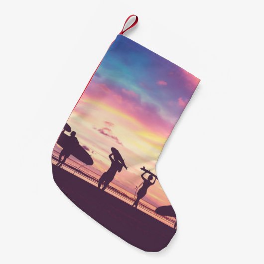 Silhouette Of surfer people carrying their surfboa Kleine Kerstsok (Voorkant (Hangend))