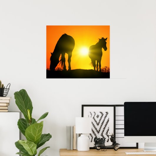 Silhouette of Two Horses at Sunset Poster (Thuiskantoor)