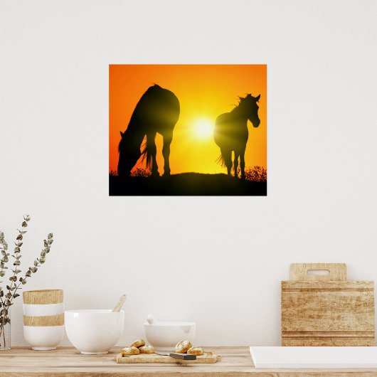 Silhouette of Two Horses at Sunset Poster (Keuken)