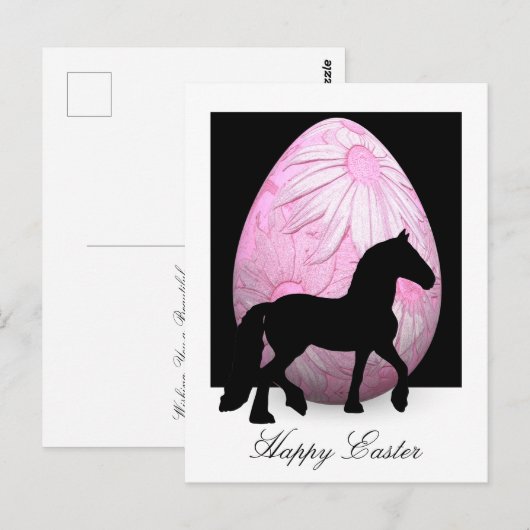 Silhouette Paard en Roze Bloem Ei Gelukkig Pasen Briefkaart (Voorkant / Achterkant)