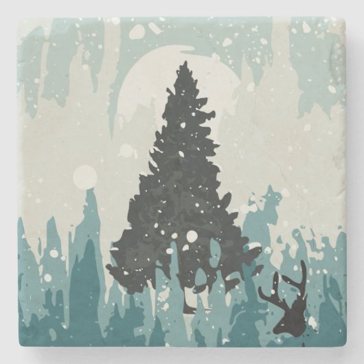 Silhouette Reindeer in de Bossen Stenen Onderzetter (Voorkant)