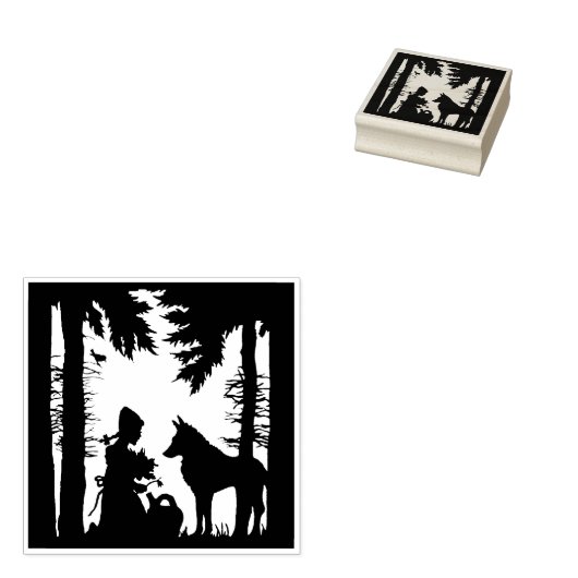 Silhouette Riding Hood Trees Forest Wolf Rubberstempel (Gestempeld)