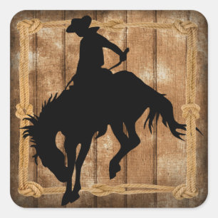 Silhouette Rodeo Cowboy op Bucking Bronco Horse Vierkante Sticker