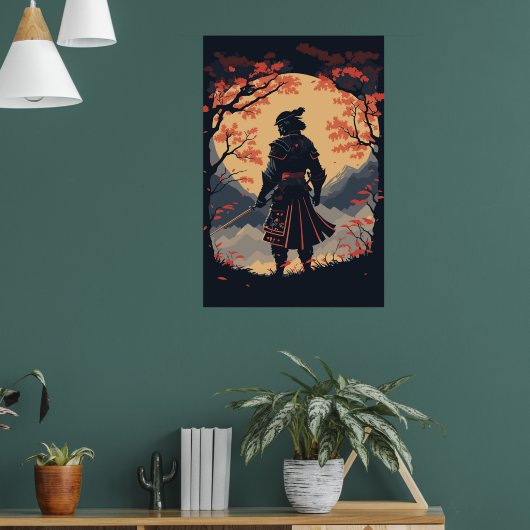 Silhouette Samurai Warrior Moon Poster (Woonkamer 1)