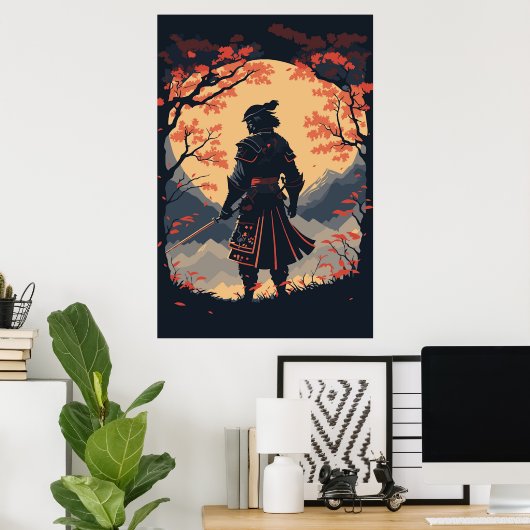 Silhouette Samurai Warrior Moon Poster (Thuiskantoor)