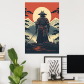 Silhouette Samurai Warrior Moon Poster (Thuiskantoor)