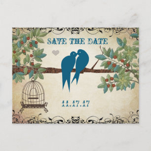 Silhouette Tortelduifjes Bird Cage Tree Save the D Aankondigingskaart