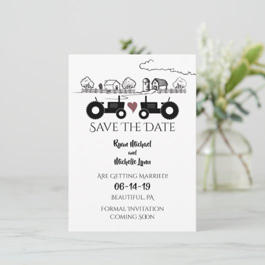 Silhouette Tractors en Boerderij Black - White Wed Save The Date (Staand voorkant)