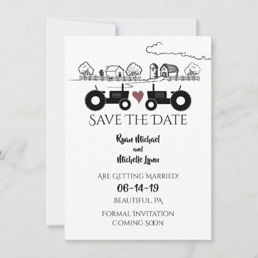 Silhouette Tractors en Boerderij Black - White Wed Save The Date (Voorkant)