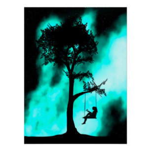 Silhouette Tree Swing Girl Galaxy Glossy Poster