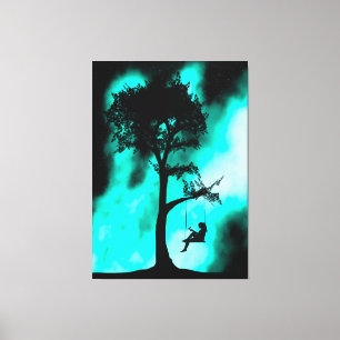 Silhouette Tree Swing Girl Galaxy Stretched Canvas