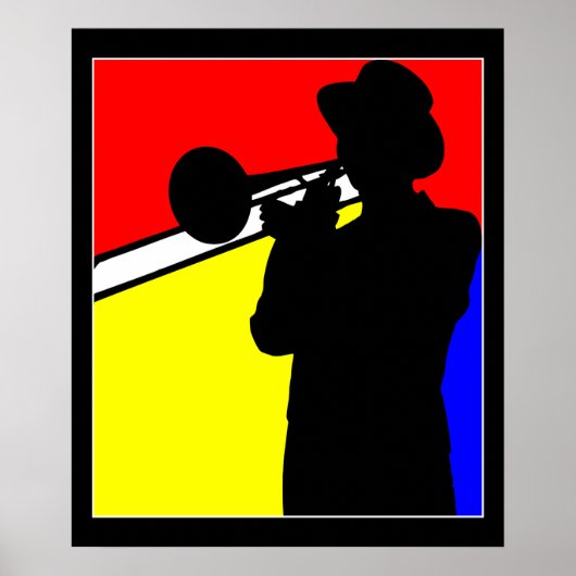 Silhouette trombone player, mondrian style art 20" poster (Voorkant)