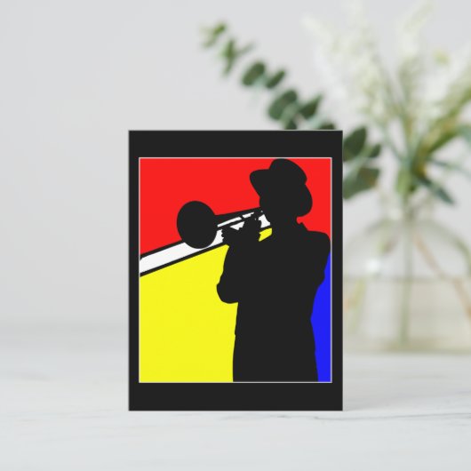 Silhouette trombone-speler, mondrian style art briefkaart (Staand voorkant)